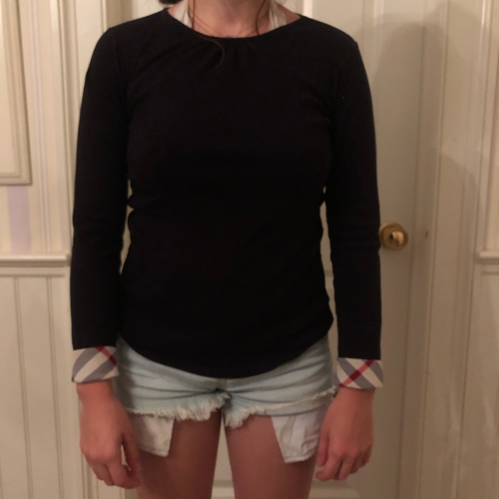 Burberry Black Long Sleeve Tee with Plaid Cuffs